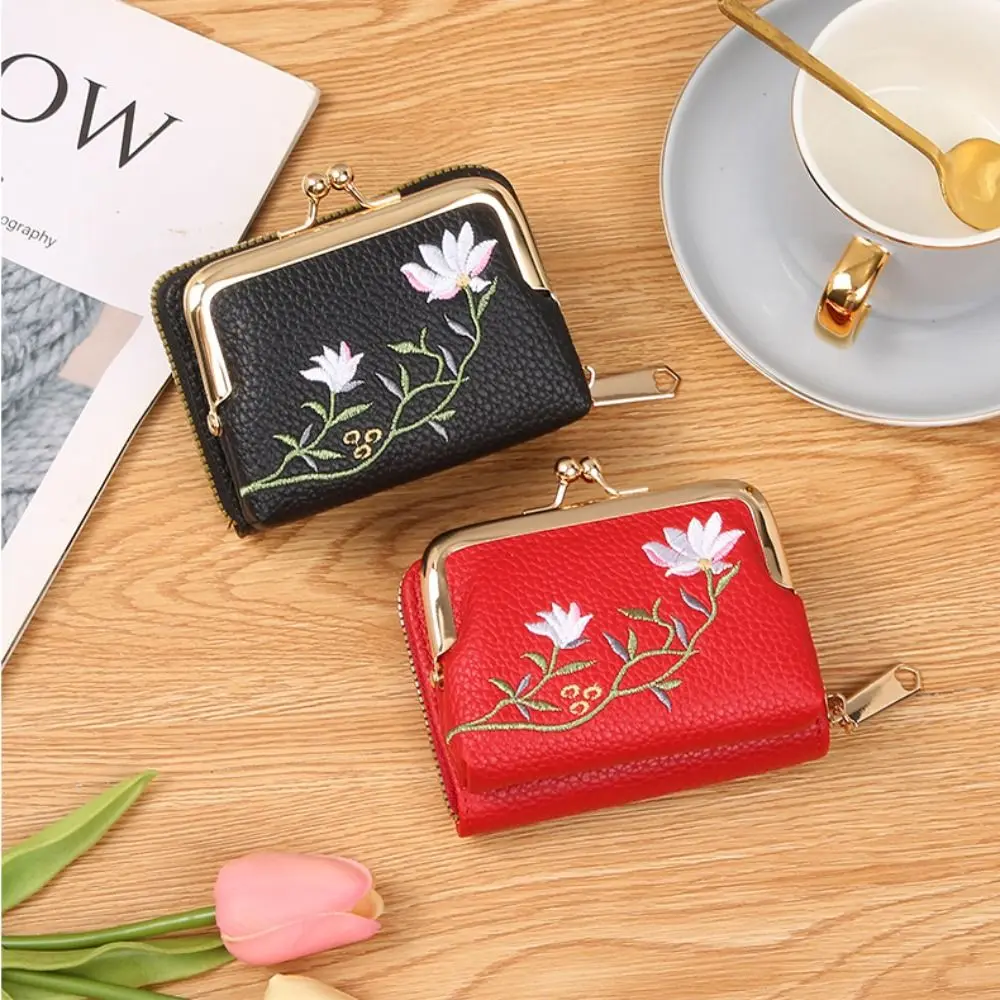 Retro estilo coreano pu fecho bolsa de embreagem carteiras cor sólida flor bordado moeda bolsa saco armazenamento pano titular do cartão feminino