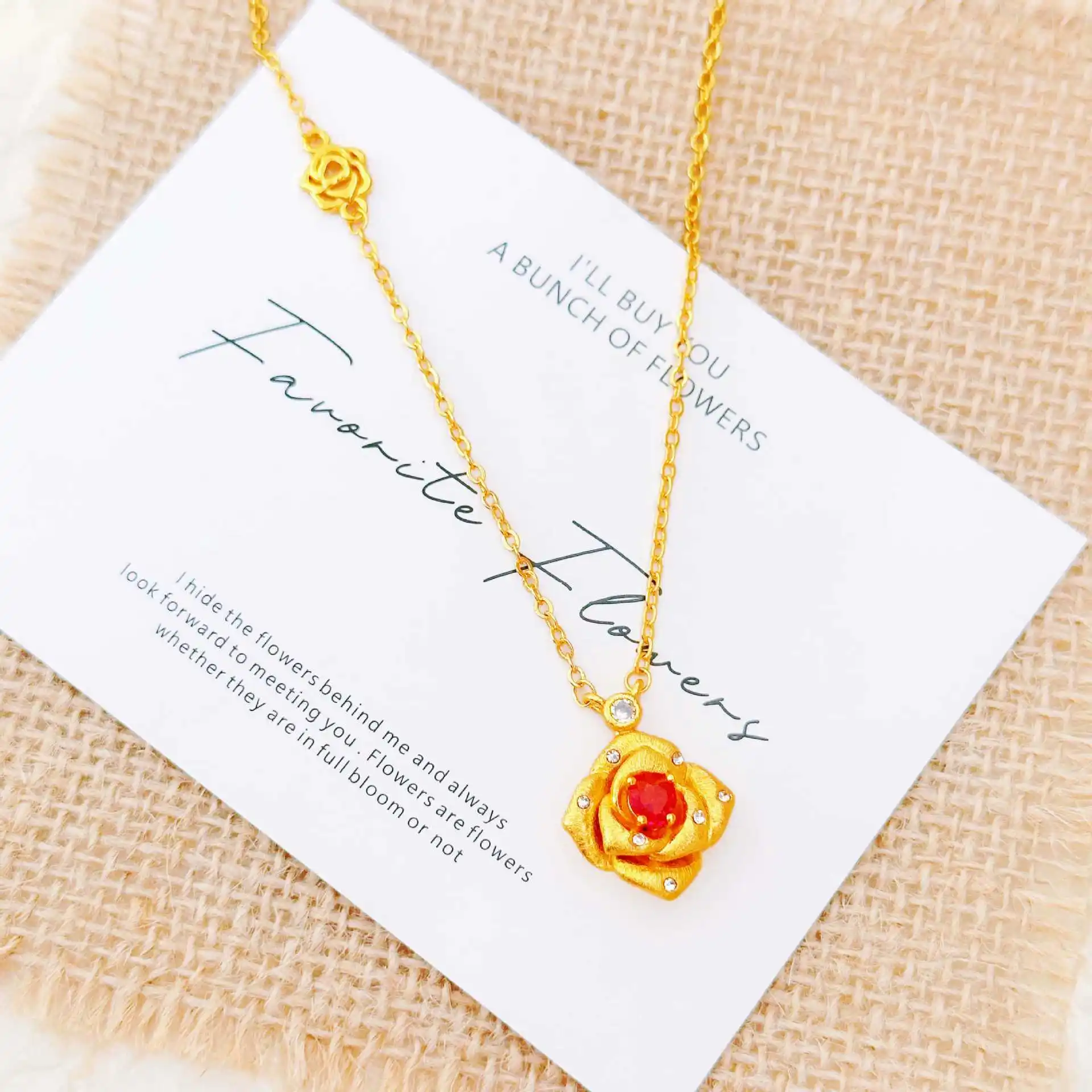 Romantic Micro Inlay 3D Rose Necklace Pendant For Women 24K Gold AU999 Romantic rose design with vivid three-dimensional effect