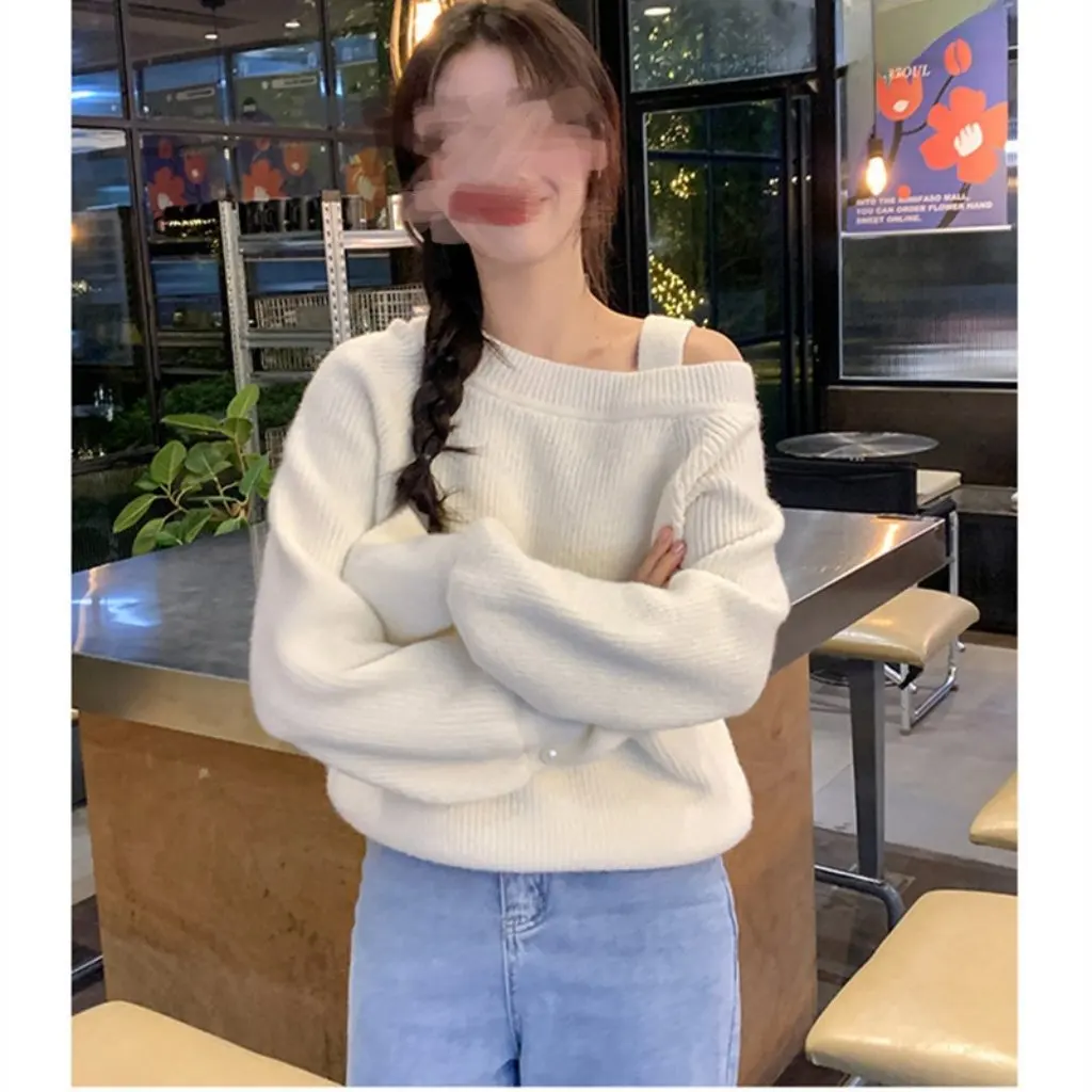 Damski sweter na jesień i zimę z odkrytymi ramionami, delikatny temperament, pojedynczy pasek, luźny krój, jednolity kolor, swobodny top.