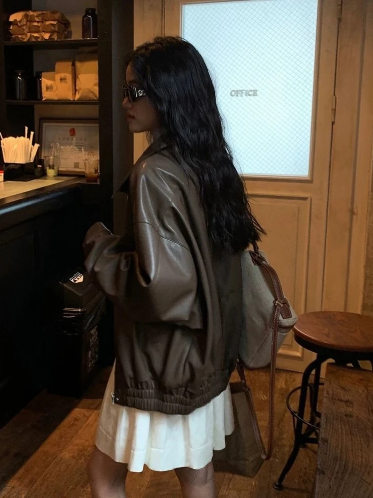 Czarna kurtka skórzana z zamkiem błyskawicznym ze skóry PU damska High Street koreański styl punkowy kurtka skórzana damska 2025 jesień moda casual płaszcz