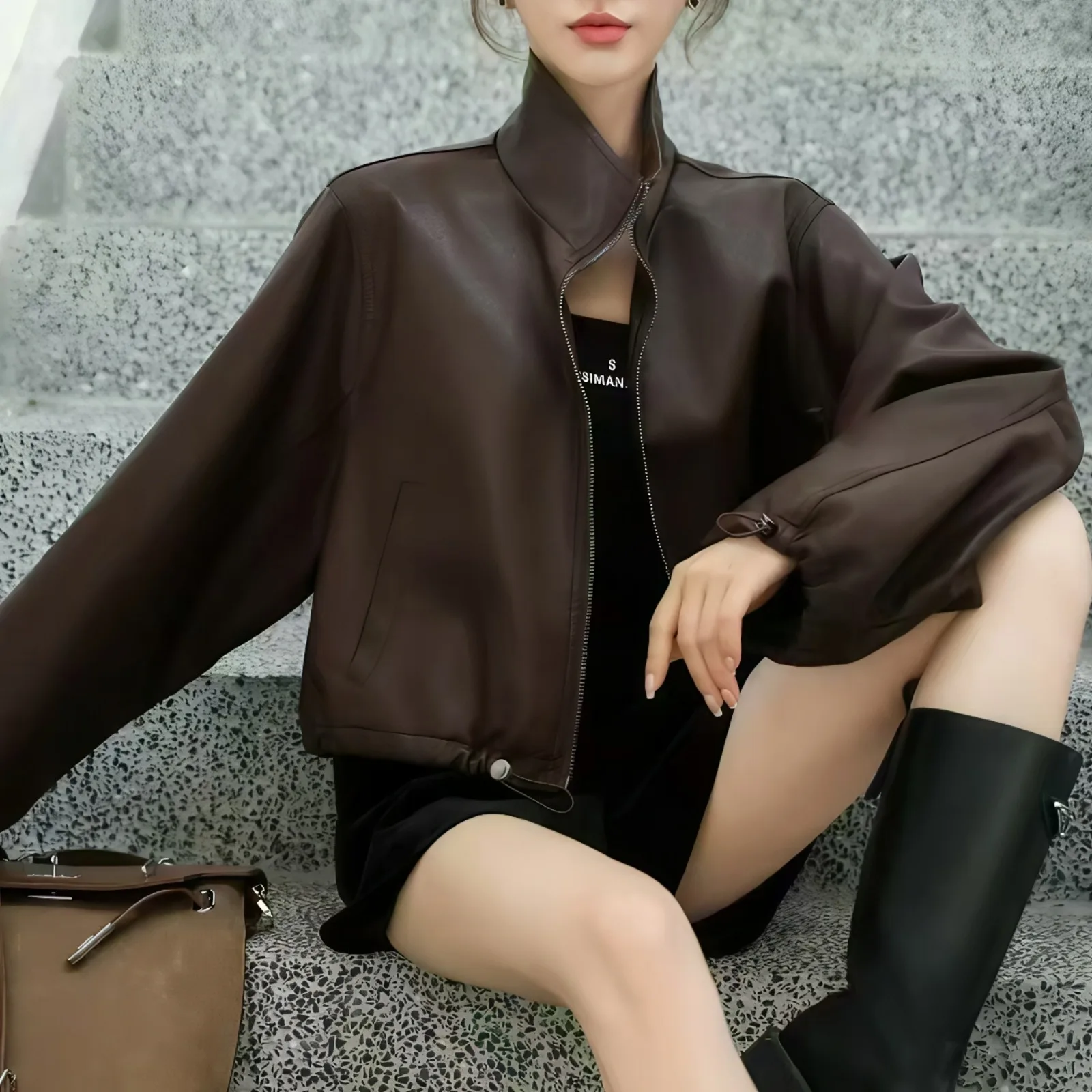 ملابس نسائية من جلد البولي يوريثان لراكبي الدراجات النارية بسحاب ort Sve جناح الخفافيش ملابس ربيع الخريف وصلت حديثًا ملابس العمل Jaet
