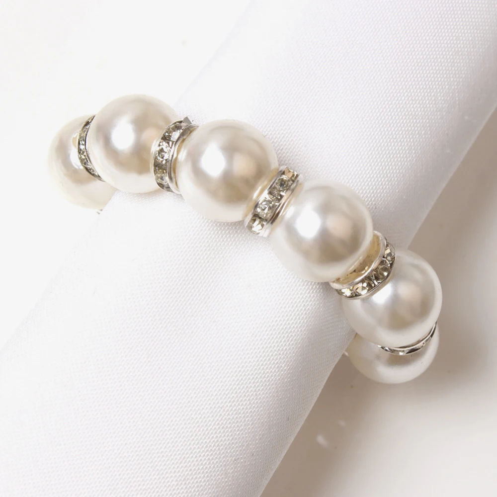 

6Pcs/lot Imitation Pearl Beaded Napkin Rings Holder Rhinestone Serviette Rings Buckle Button for Dinner Table Décor