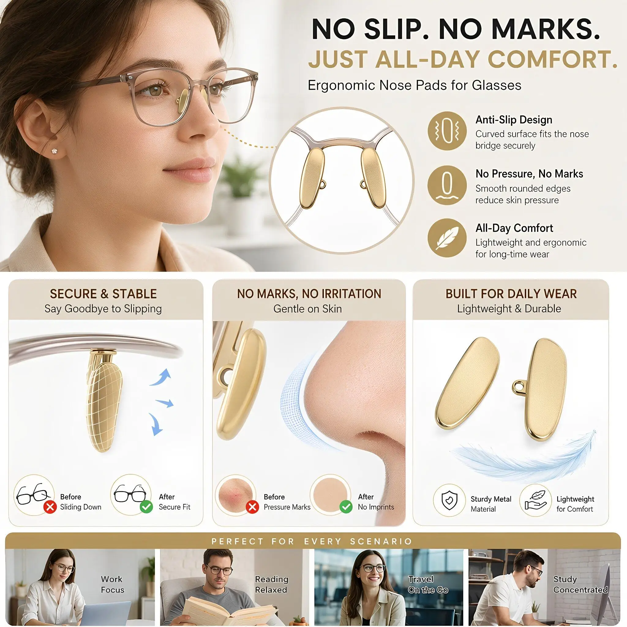 4 Pcs Glasses Bridge Nose Pads Gold Color Replacement Eyeglass Support Eyeglass Titanium Nose Pads Nose Gasket Repair Supplies