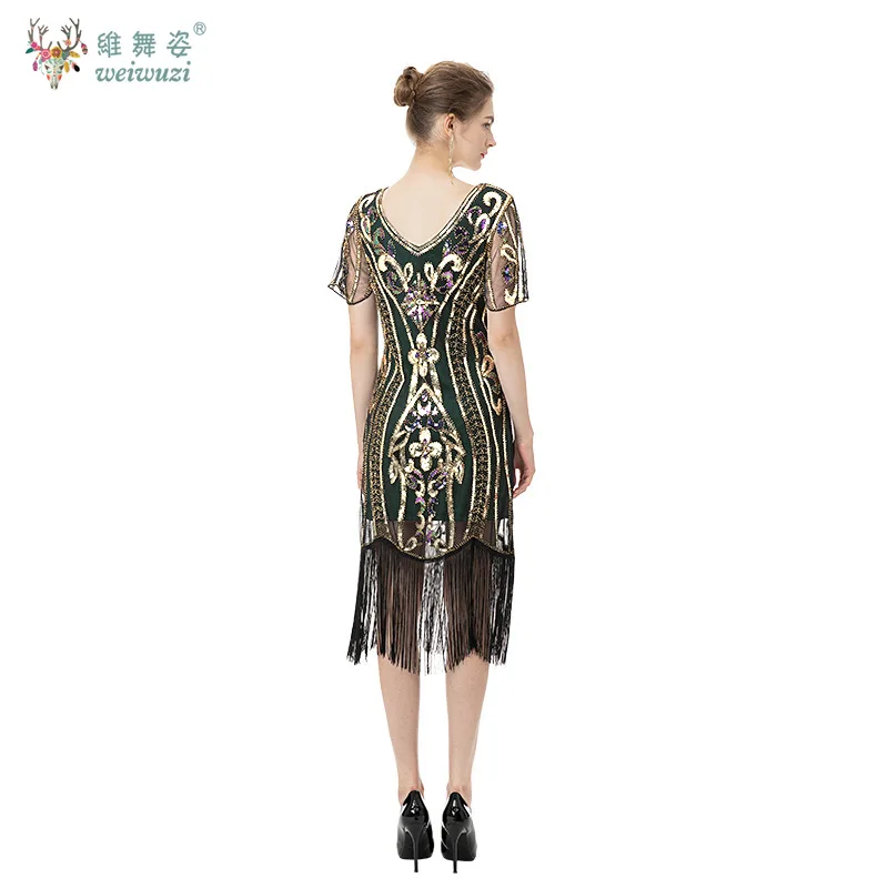 1920s المرأة قصيرة الأكمام الخامس الرقبة الترتر الخرزة التطريز فساتين الحفلات الزعنفة غاتسبي زي كوكتيل فساتين السهرة #2