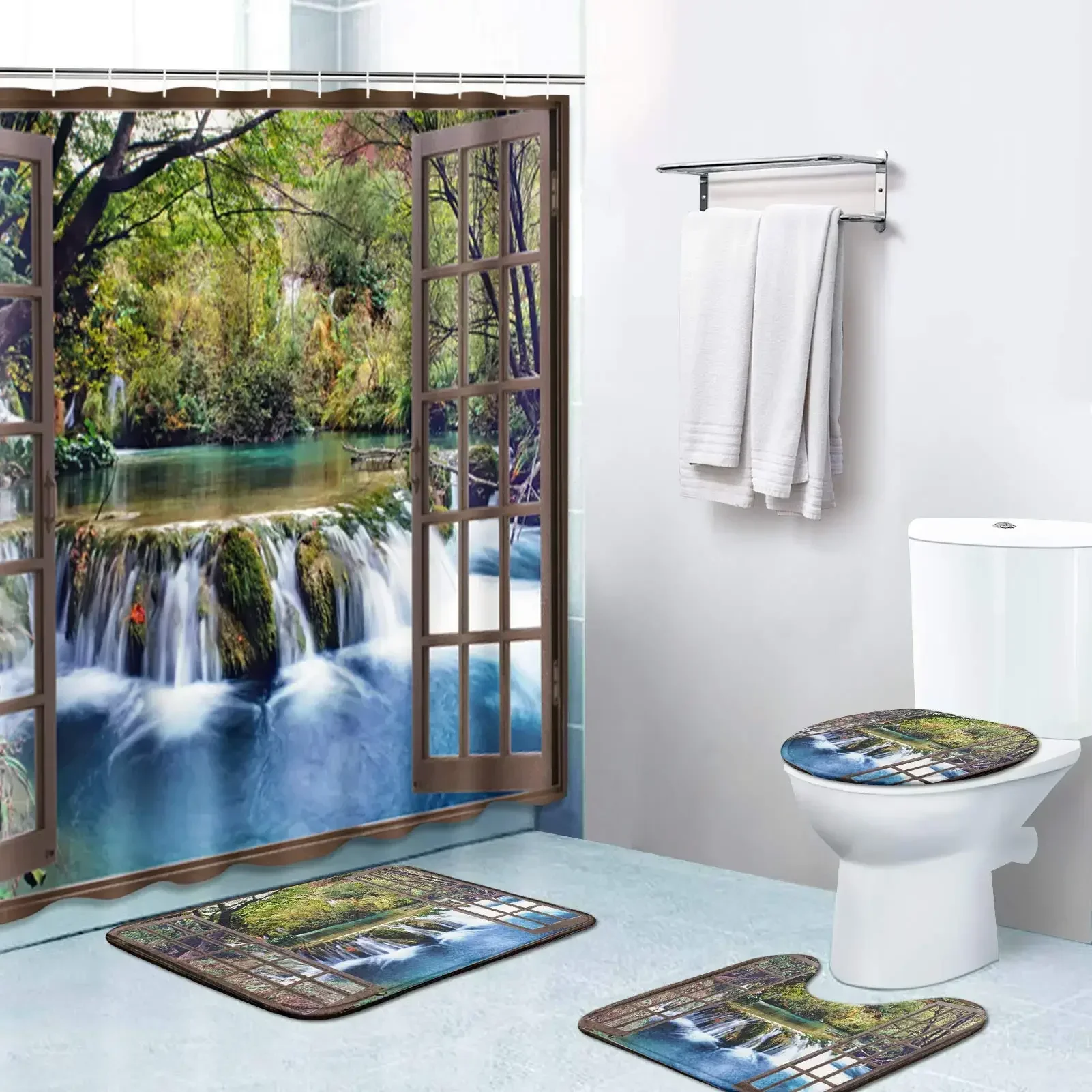 Shower Curtain Set Natural Scenery Forest Waterfall Waterproof Bathroom  with   Rugs Toilet Cover Bath Mat Hooks