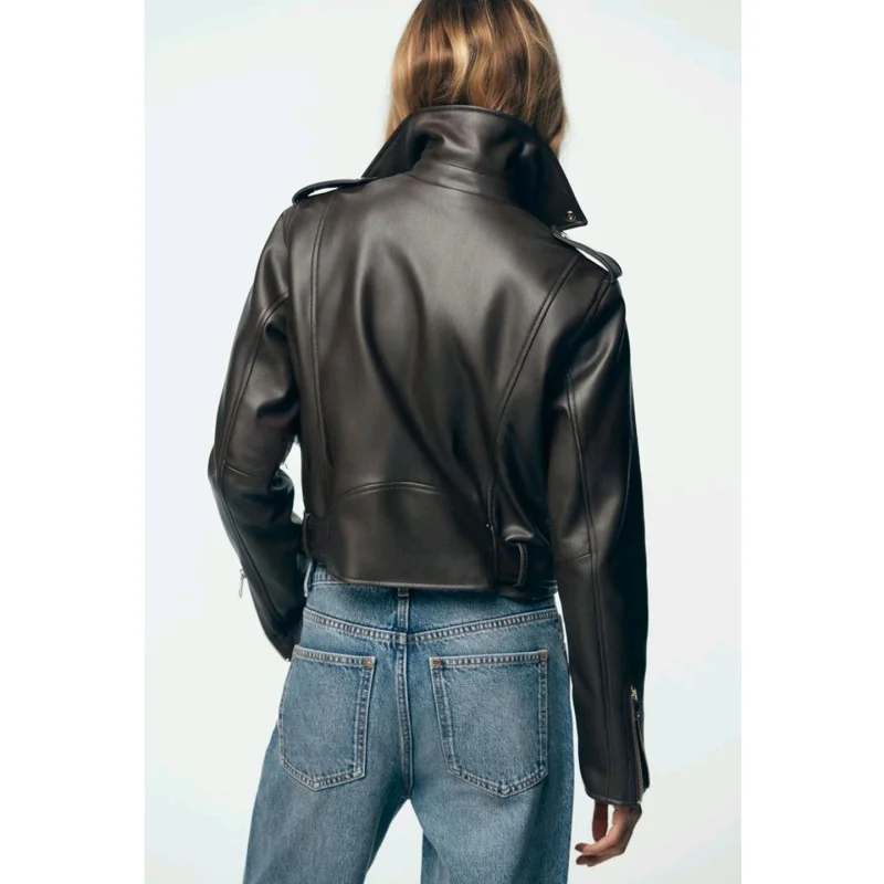 

Autumn New Arrival Women's Briti Sle PU Leather Long Sve Jaet Coat Zipper Closure Commute Sle ort Length