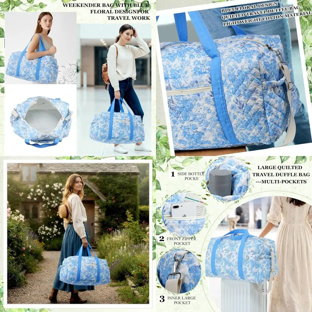 

Синяя стеганая женская дорожная сумка с цветочным принтом и карманами на молнии для спортзала, поездок на выходные и продуктов