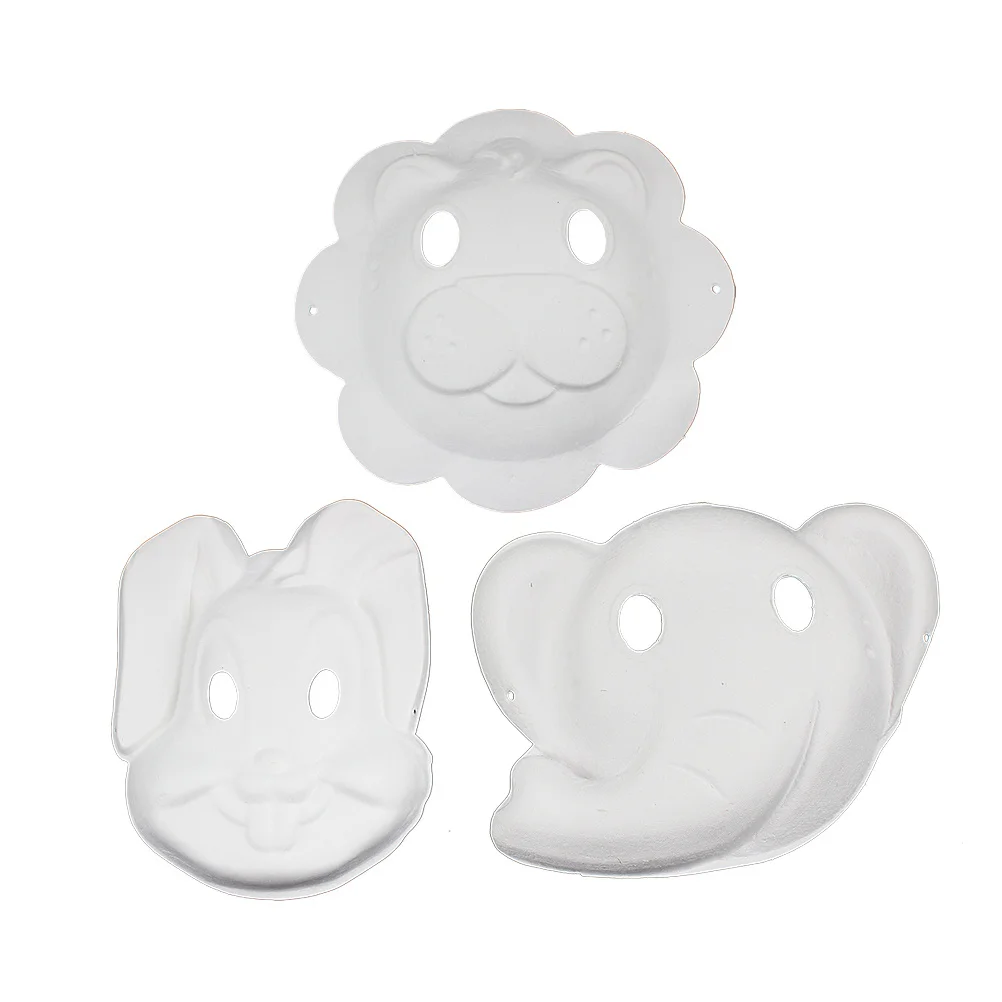 3 pcs Animal Pulp Mask Paintable Diy Face Masquerade Party Wedding Carnival Cosplay Accessory Elephant Rabbit Lion White