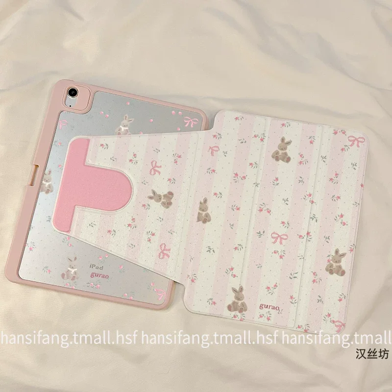 

720 ° Rotating Pink Flower Cute Rabbit Triple Fold Pad Case For iPad Case iPad MINI AIR 3 4 5 6 7 8 9 10 11 13" Pro 2025 Cover