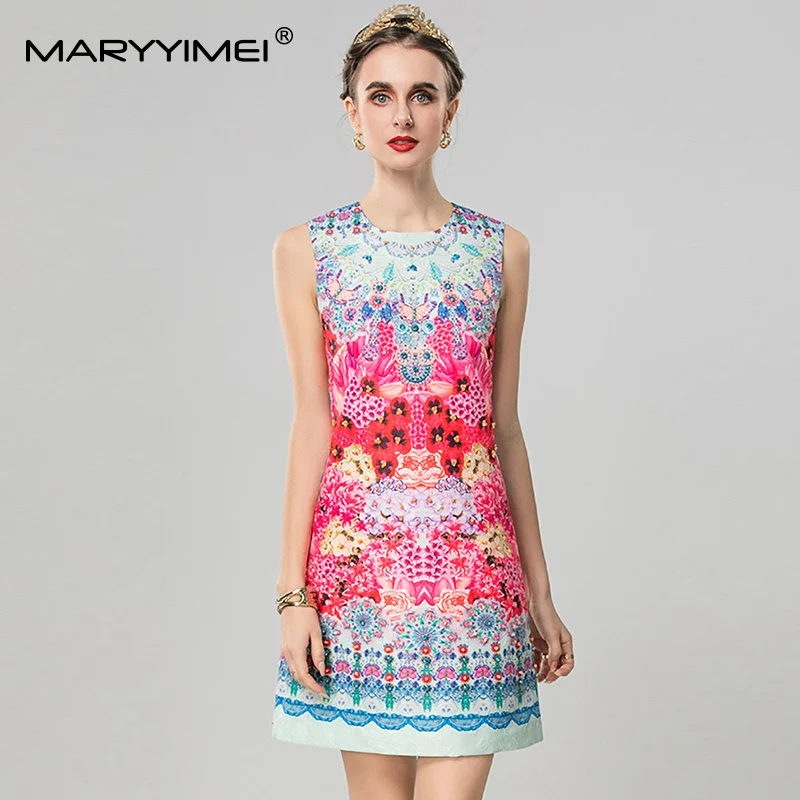 

MARYYIMEI Fashion design Women Tank Dress Sleeveless Jacquard Sequins Beading Elegant Print A-Line Short Dresses