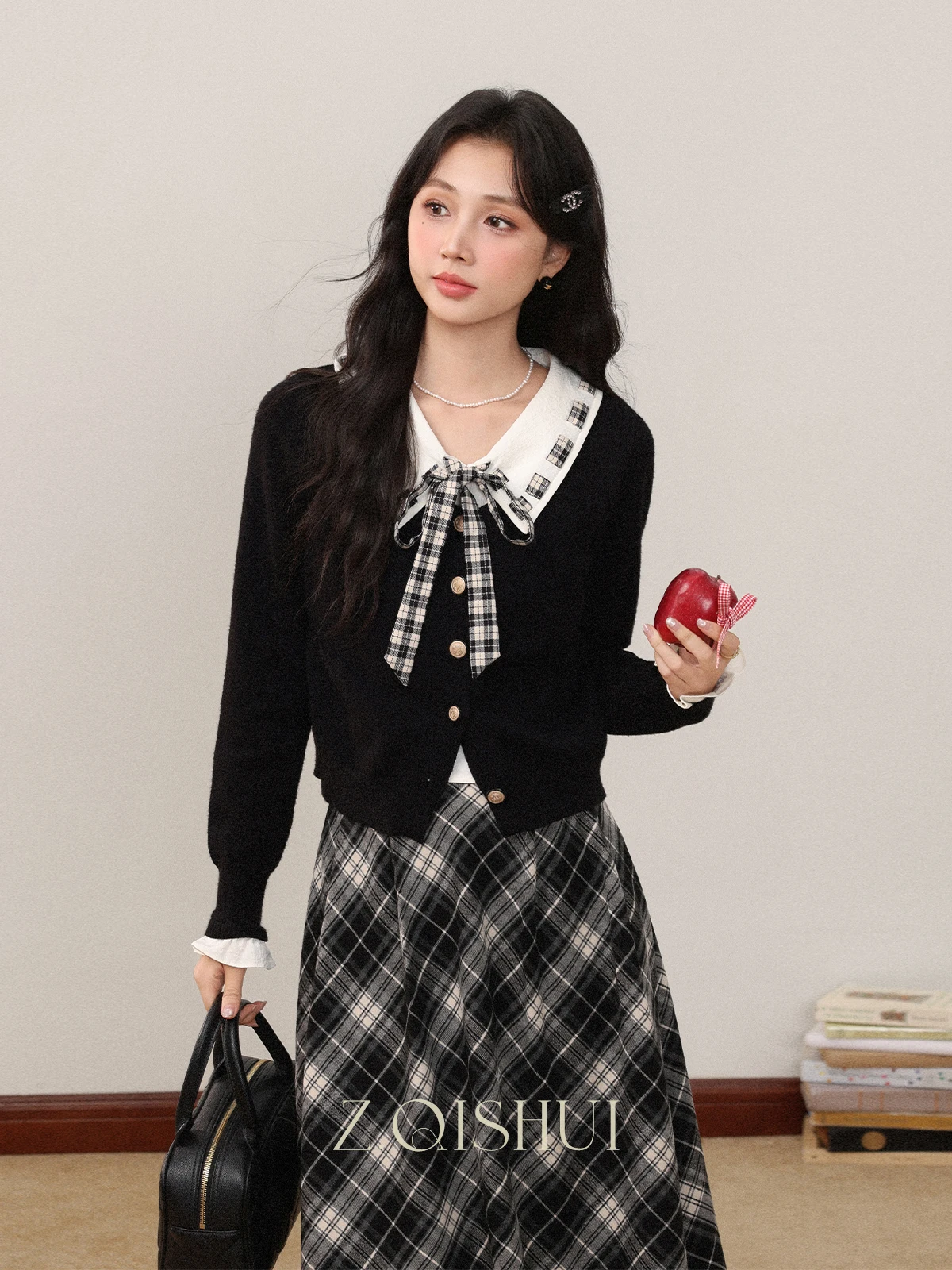 

Вязаный кардиган Bla, свитер с поясом, клетчатая юбка, комплект из двух предметов для женщин, весенне-осенний сезон, свободный крой