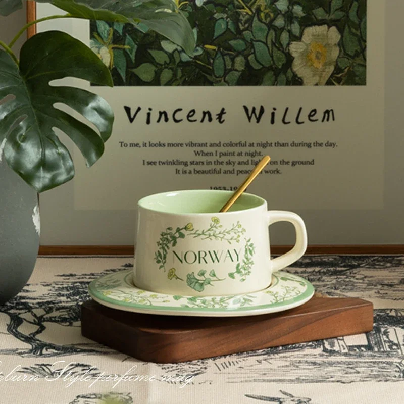 Cartoon Plant Letter Printing Ceramic Coffee Cup And Saucer Retro British Afternoon Tea Cup Small Fresh Flower Cup with Spoon