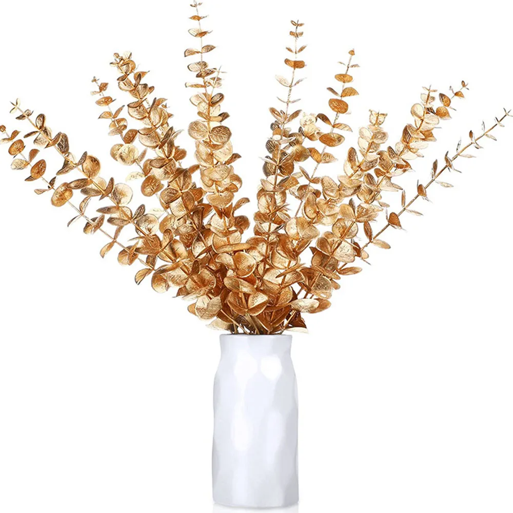 5pcs/Lot Artificial Gold Eucalyptus Branch Stem Artificial Plants for Wedding Flower Arrangement Greenery Home Decoration