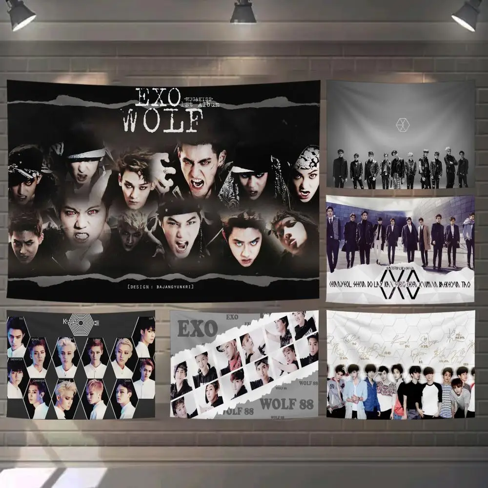 KPOP E-EXO Group Tapestry Custom Living Bedroom Party Dormitory Interior Wall Bohemian Decoration Attached Clip