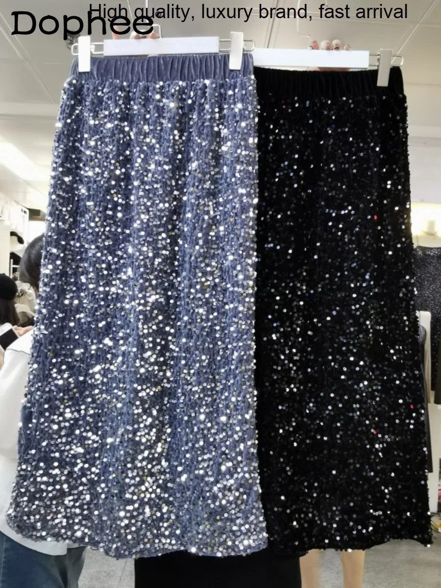 Industry Glitter Heavy Velvet 2023 Early Autumn New Elastic High Waist Temperament Slimming Black Sequins Mid-Length Skirt