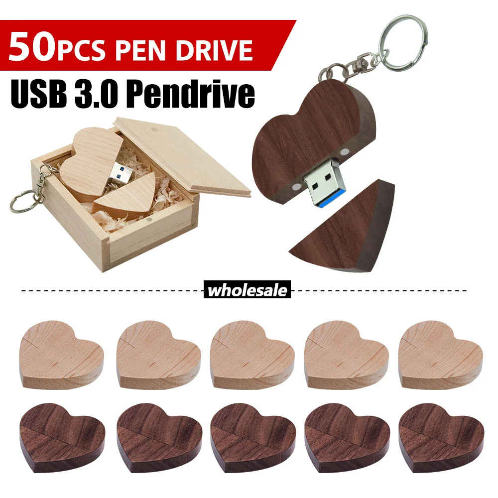 50pcs Free custom logo Walnut wooden heart USB flash drive Creative Pendrive 8GB 16GB 32GB 64GB Memory stick 128G U disk memoria