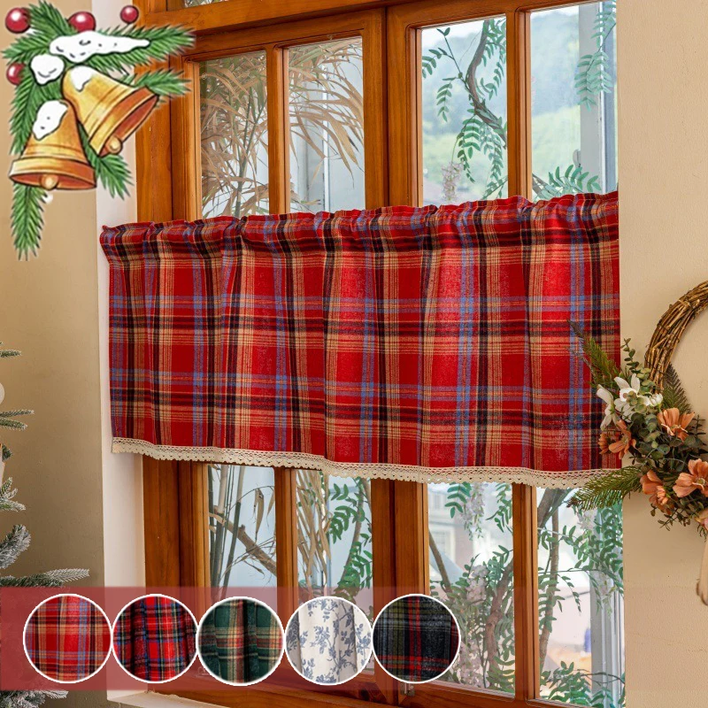 Green Check Plaid Valance Curtains Farmhouse Rod Pocket Window Treatment Christmas Decorative Short Curtains for Kitchen Cafe