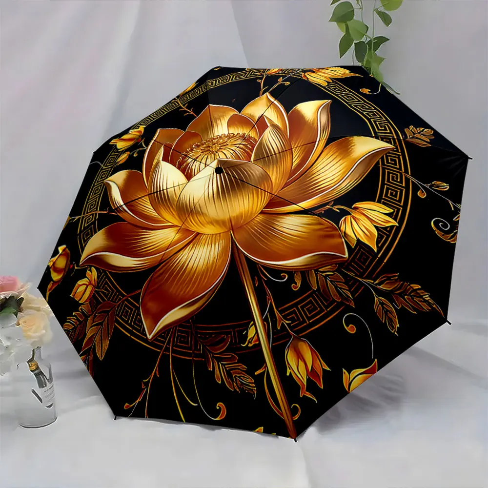 1PC Golden Lotus Elegance: Ornate Umbrella Design Print 8 Iron Ribs Folding Umbrella Auto-Open Fashion Sunshade