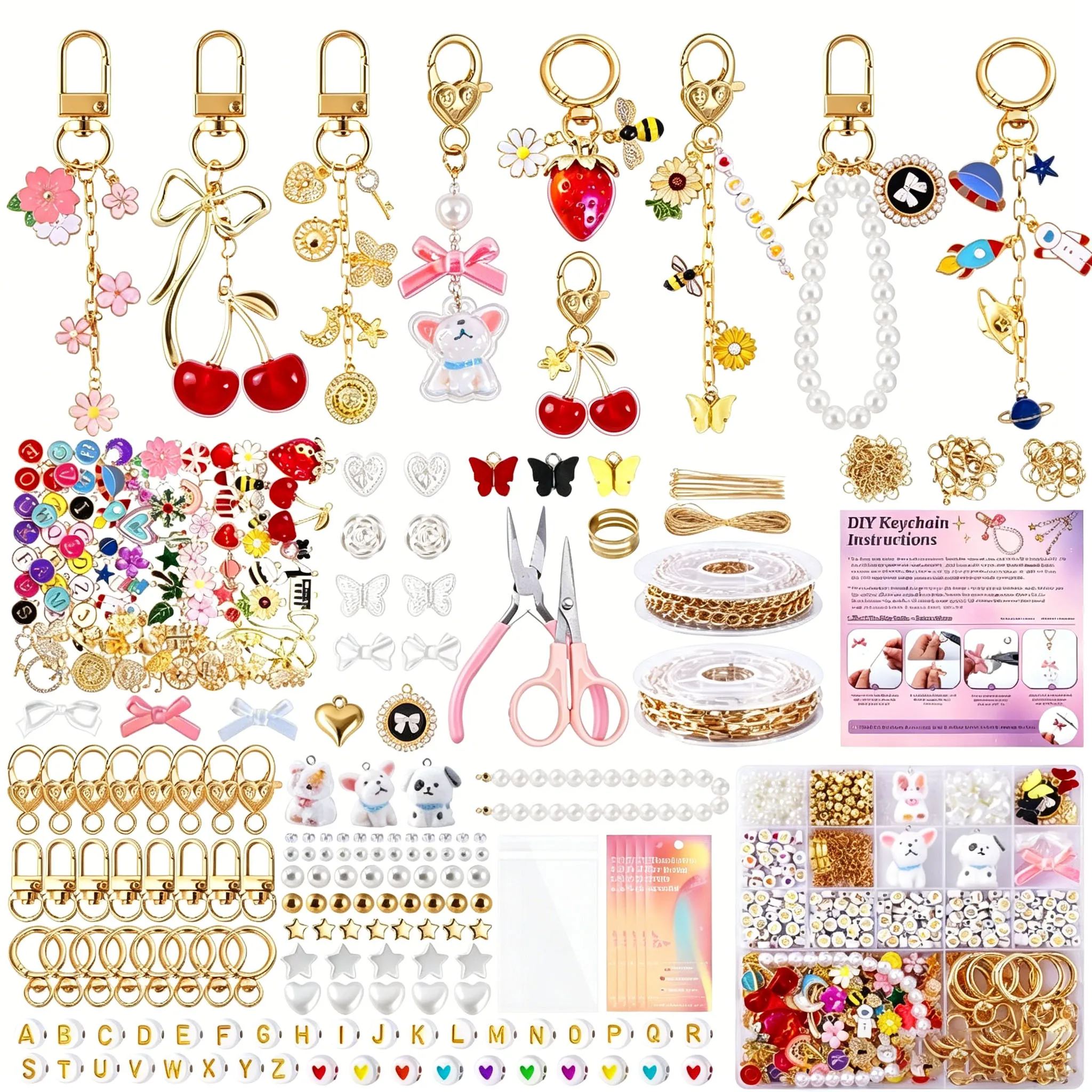 773 Pcs Beaded Keychain Making Kit, Bag Charm Kit, with Chains, Charms & Letter, Key Chain Hooks, Jump Rings, Manual, Gift Bgas,