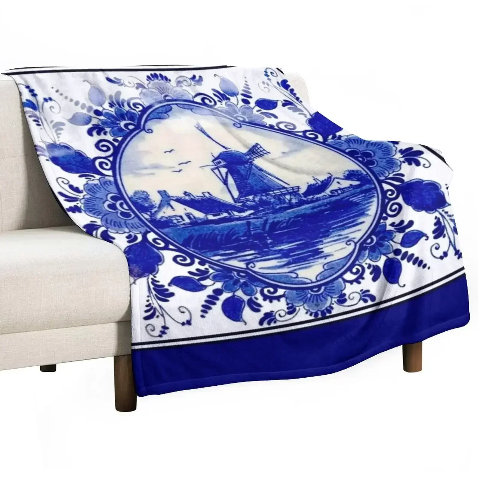 

DUTCH BLUE DELFT : Vintage Windmill on River Print Throw Blanket Shaggy Extra Large Throw Moving Comforter Blankets