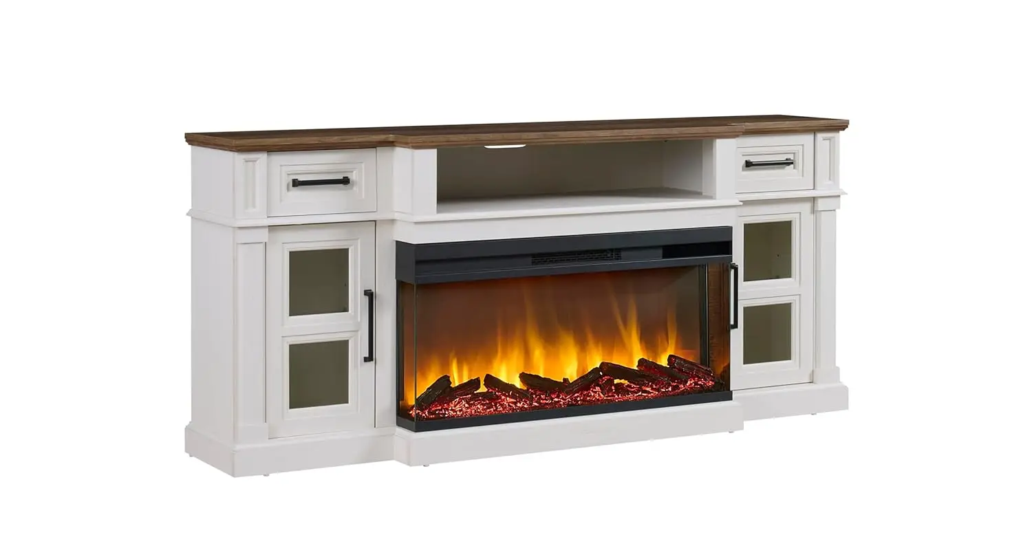 3-Side Fireplace TV Stand for up to 80 Inch TV, LED Entertainment Center with 36 Inch Electric Fireplace, Farmhouse TV, Custom