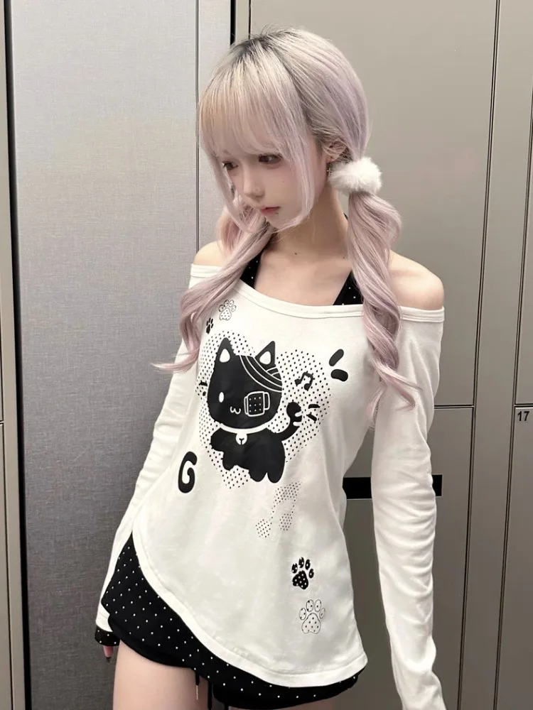 Subkultur Nette Patchwork Polka Dot T-shirt Frauen Süße Krawatte Up Gefälschte Zwei-stück Kleidung Japan Drucken Casual Lange ärmeln Dünne Tops