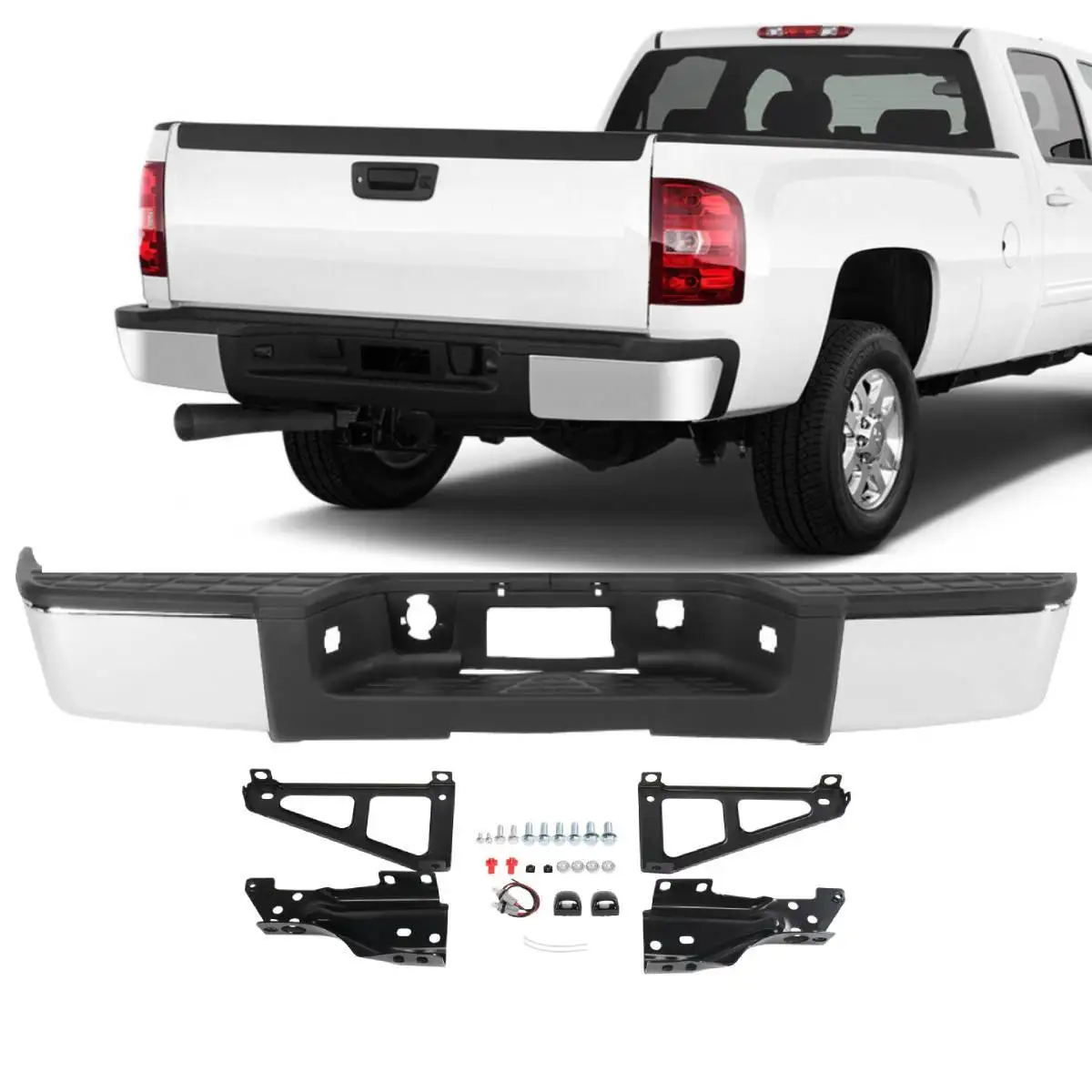 Chrome Rear Bumper For 07-13 Chevrolet Silverado GMC Sierra 1500 5.3L w/o Sensor