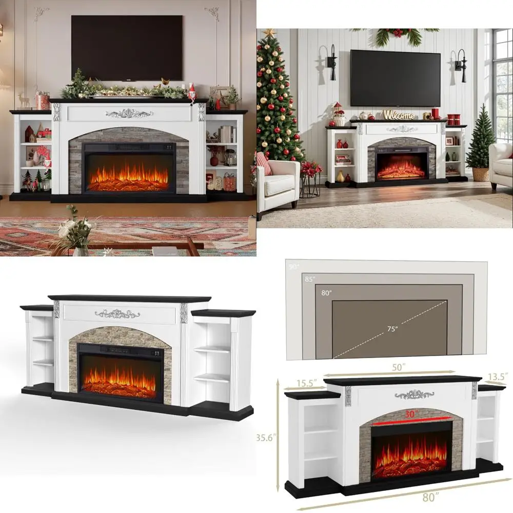 

90-дюймовый электрический камин для телевизора с каминной каминкой, 30-дюймовый обогреватель для гостиной, белый