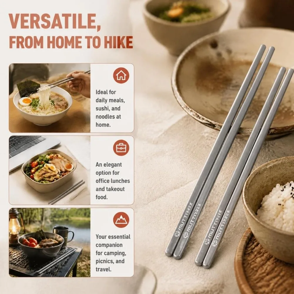 2 Pairs Portable Smooth Finish Chopsticks Lightweight Titanium Reusable Tableware Utensils Home
