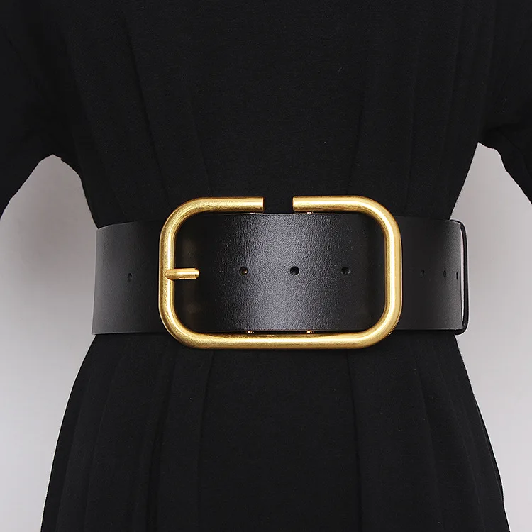 New Fashion Real Leather Wide Belt For Women Gold metal Square Buckle Pin Buckle Jeans Luxury Brand Ladies Vintage  Waistban