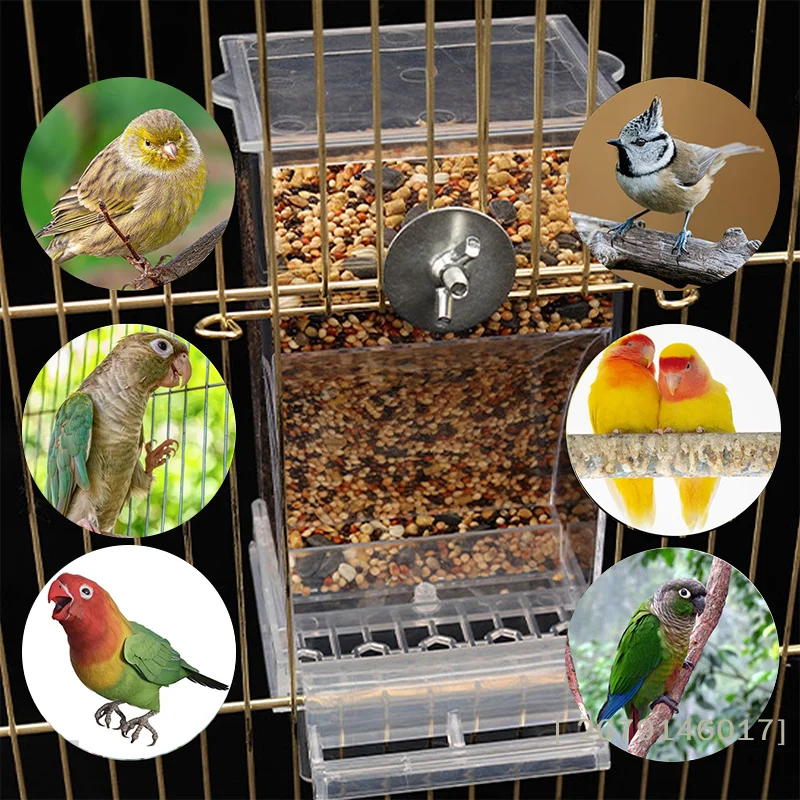 【YY26】Automatic Bird Cage Feeder,Acrylic Transparent Parrot Seed Feeders With Perch Parakeet Food Container Cage Accessories