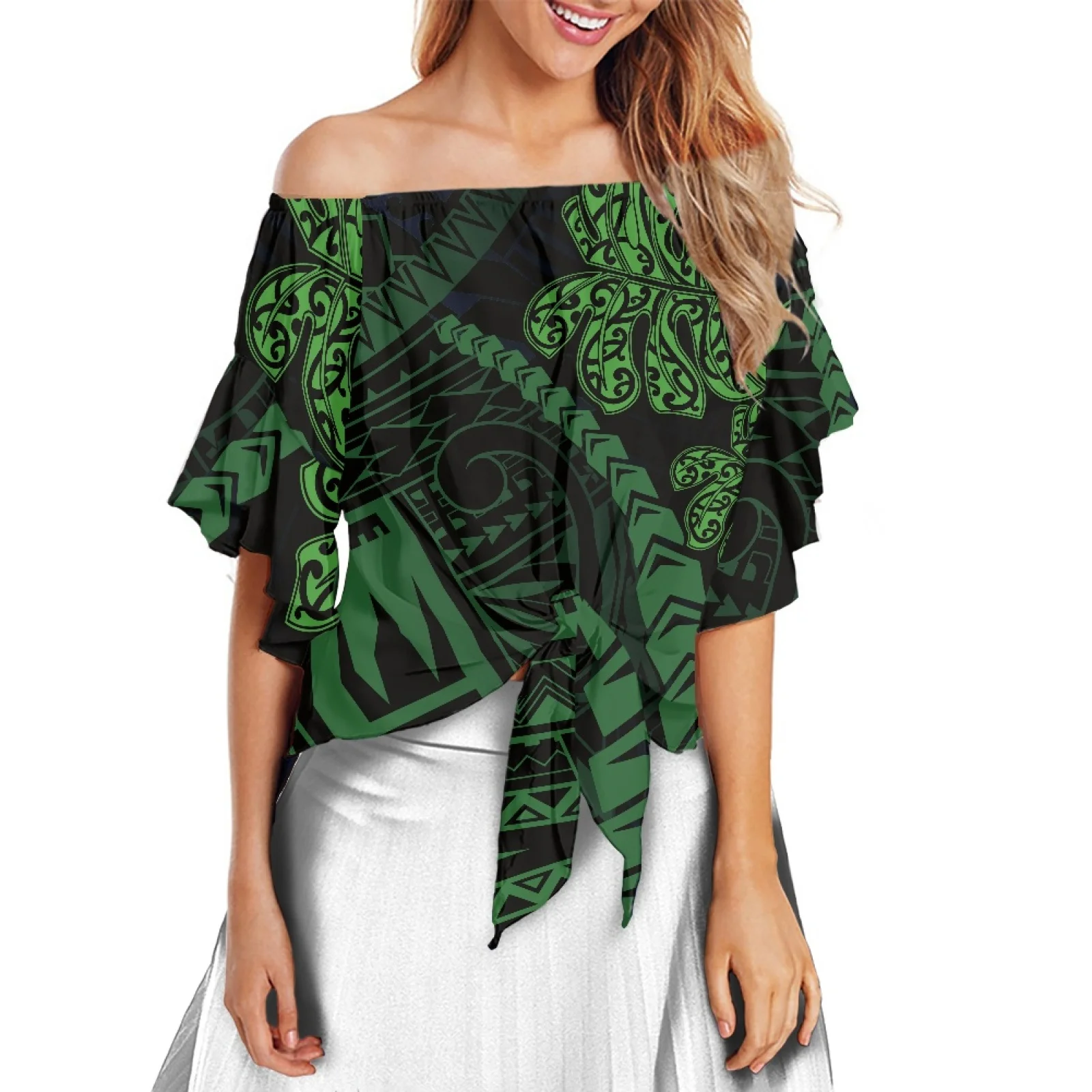 Samoa Tribe Fashion Design Off Shoulder Tops 100% Polyester Women Shirt Flare Sleeve Retro StyleTattoos Printing Blouses