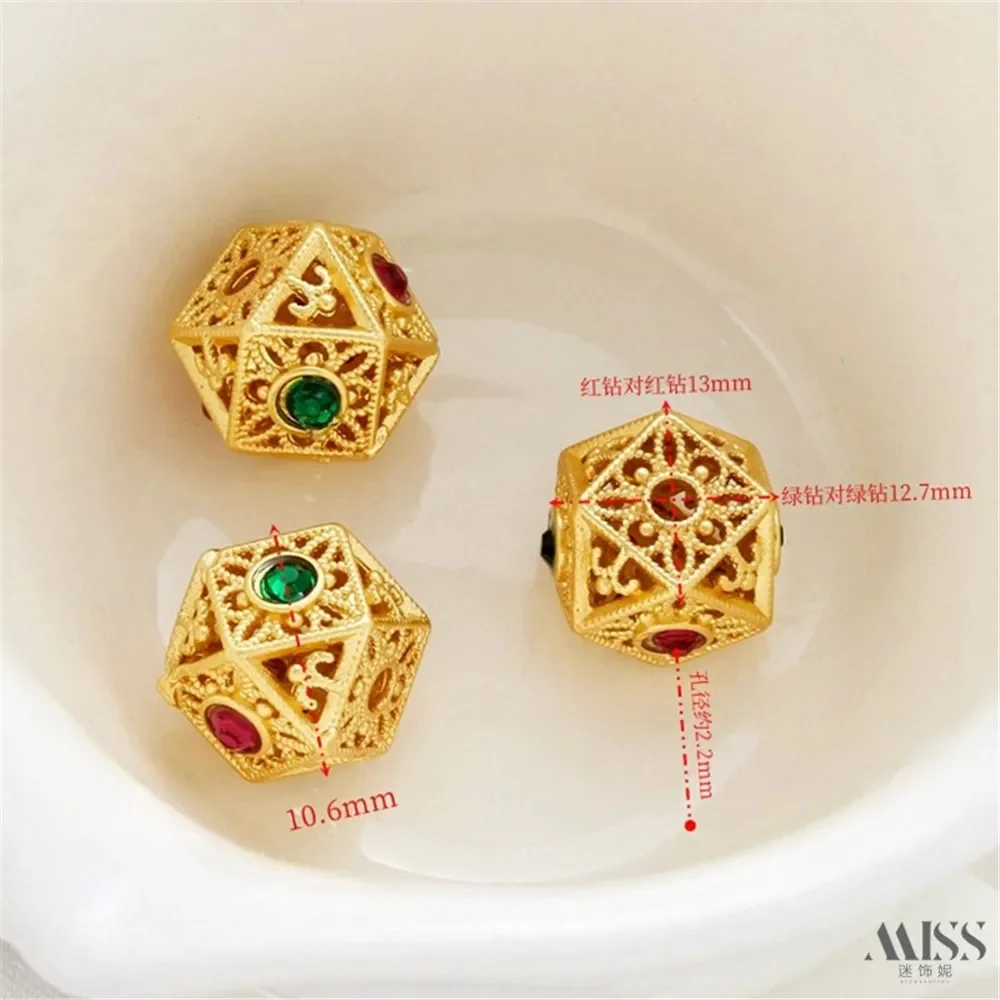 18K Gold Color Matte Gold Zircon Hollow Square Cut Corner Polyhedron Bead-separated DIY Bracelet Necklace Beaded Accessories