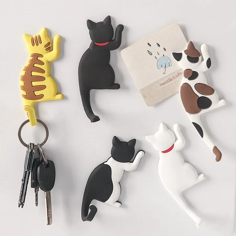 Cute Cat Fridge Sticker  Magnet Hook, Cartoon Cat Design Bendable Tail for Keys, Notes Photos, Magnetic Sticker for Refrigerator