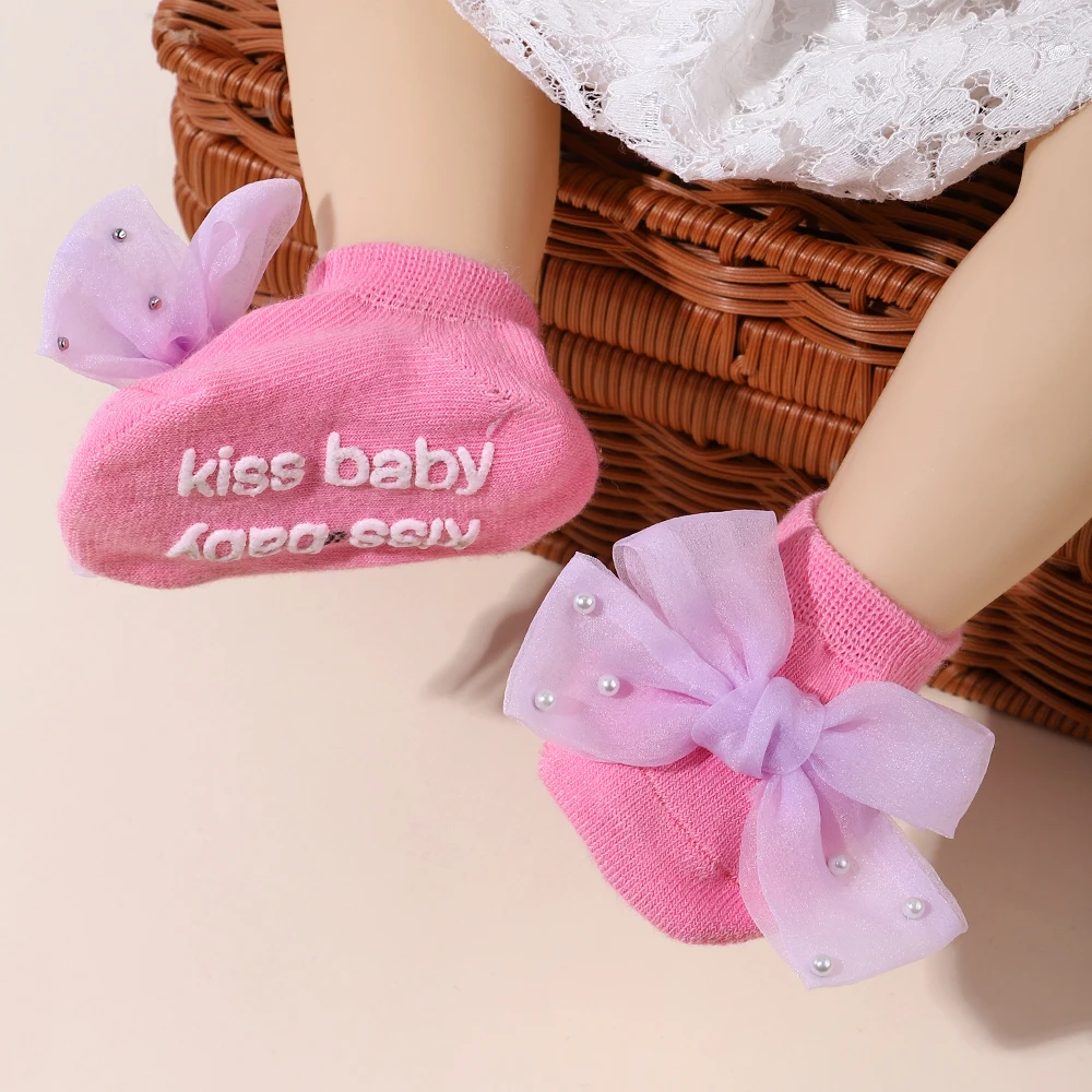 1 pair of lace bow socks chiffon pearl delicate breathable socks baby girl toddler letter socks