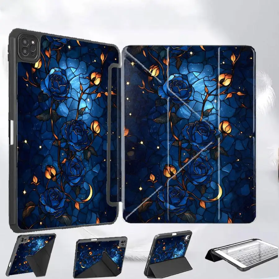 

Чехол для планшета iPad Pro 11-го, 10-го, 9-го, 8-го, 7-го поколений, 12.9 дюймов Pro 2025, Mini 6, 7, Air 4, 5, M3, M2, M4, 11 дюймов, с держателем, синий, с рисунком розы