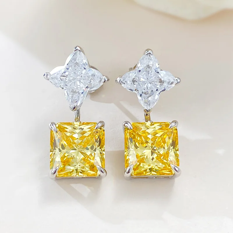 Fashionable 925 Silver Imported High Carbon Diamond Yellow Diamond 10 * 10 Square Geometric Inlaid Earrings Temperament Style