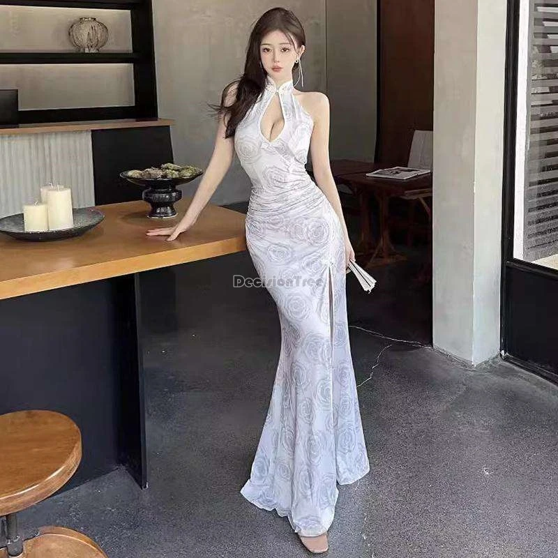 

Платье Cheongsam большого размера, китайское улучшенное платье Cheongsam с принтом, 2021, сексуальное женское платье Ципао с разрезом и длинными рукавами для похудения