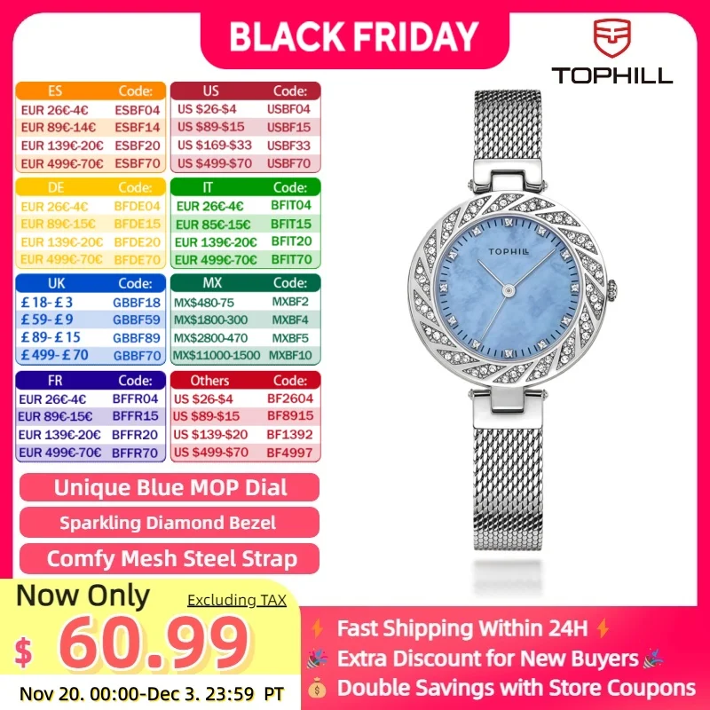 

TOPHILL женские кварцевые часы, роскошный синий перламутровый циферблат, бриллиантовый ободок, сетчатый ремешок из нержавеющей стали, элегантные женские наручные часы