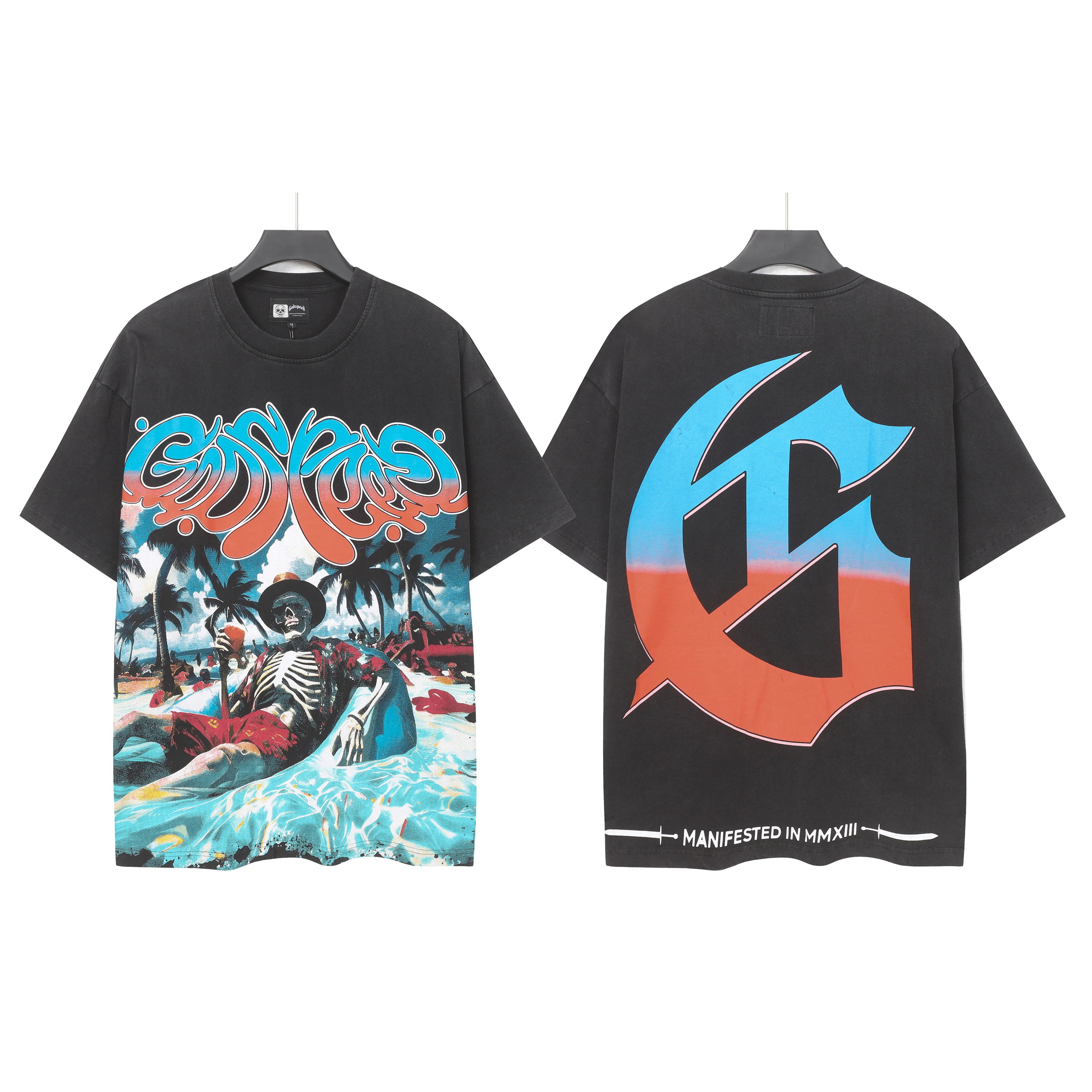 American Style Surf Skull Print T-Shirt Cotton Short Sleeve Washed out Loose Fit Heavyweight Pure Cotton Streetwear T-Shirt