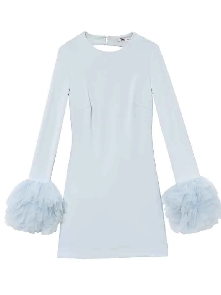 

European style new women's fashion versatile temperament solid color backless fluffy silk cuffs short dress
