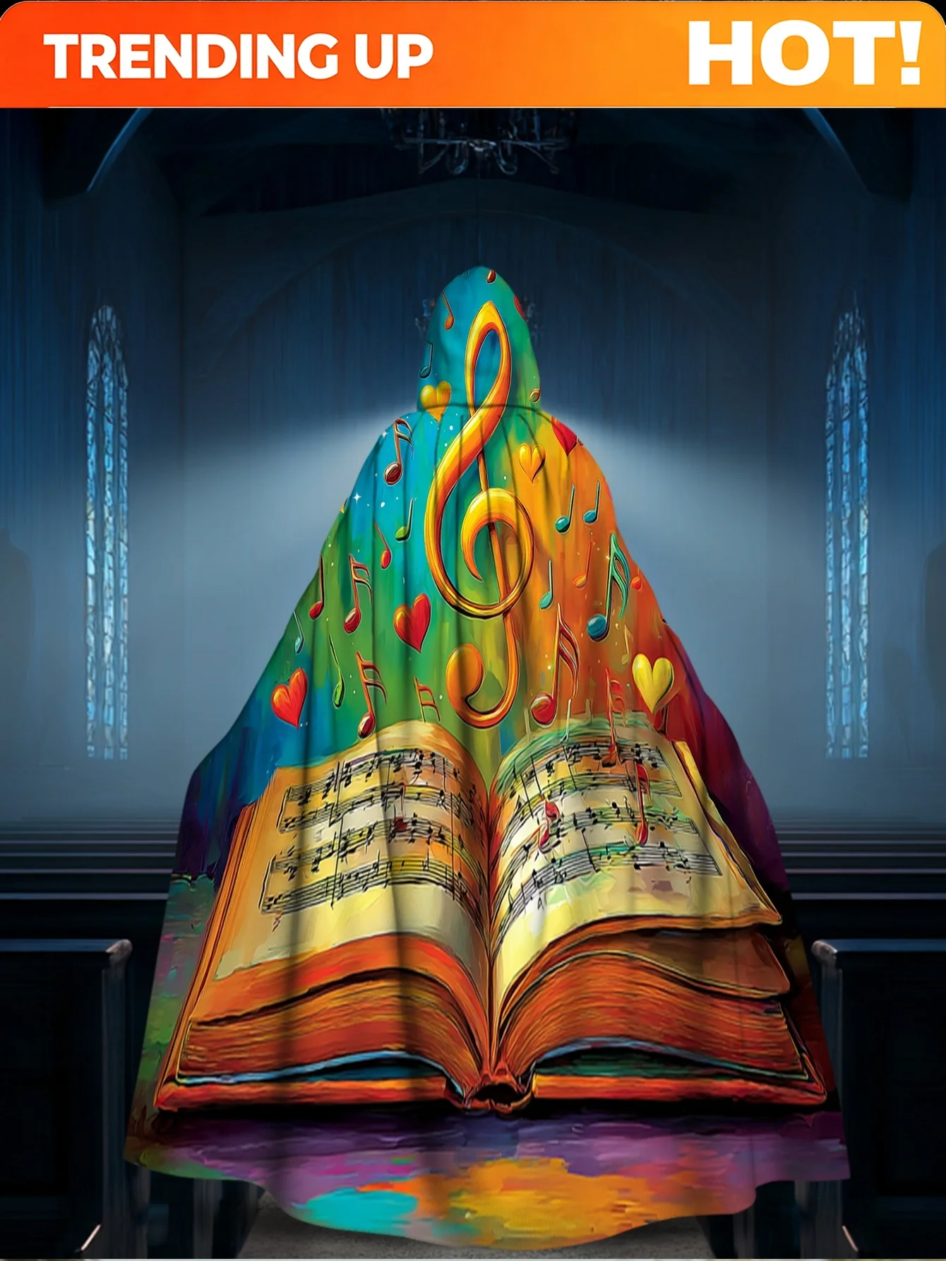 Customization 1pc A 2D Flat Printed Portable Hooded Cape Featuring Musical Notes And Hearts, Made From 100%, Suitable For Masque
