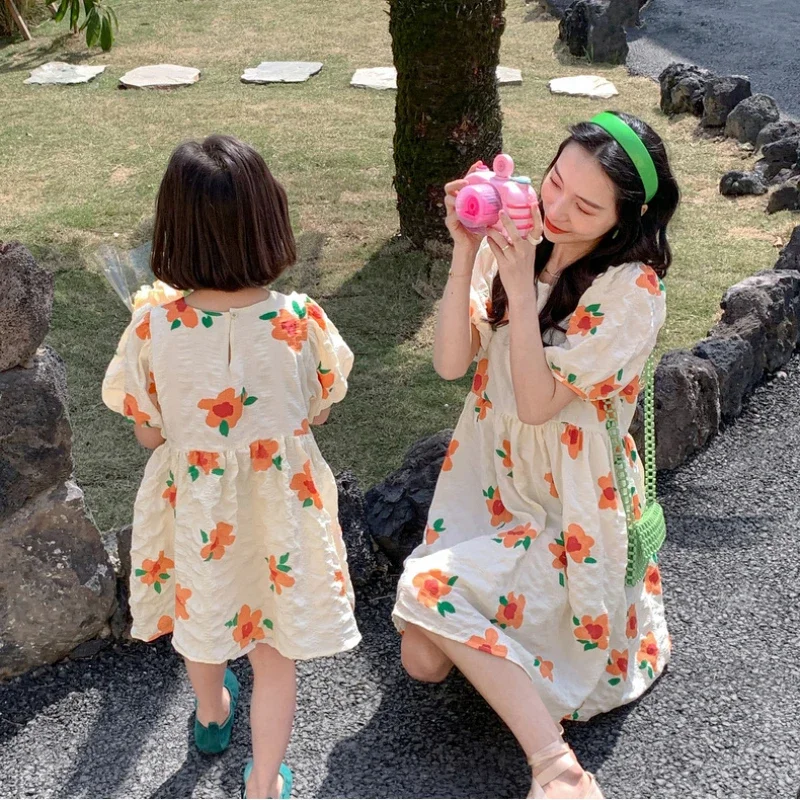 Mother Daughter Matching Cotton Dress Mom Girl Matching Clothing Women's Summer Dresses Korean Baby Girls One Piece Robe Clothes
