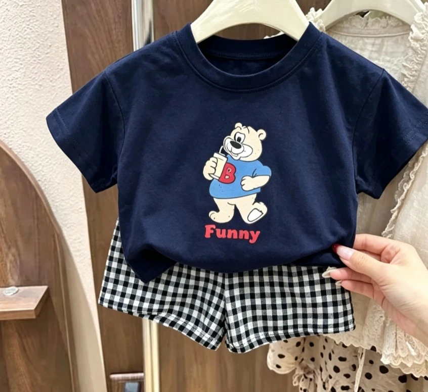 Cute Toddler Boys Summer 2Piece Set Little Kid Bear Graphic Short Sleeve Top And Gingham Plaid Shorts Children Daily Wear Suits