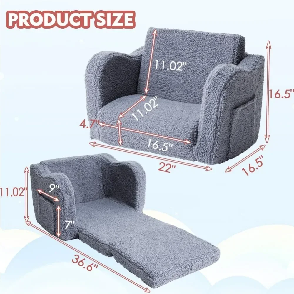 A Kids Sofa Couch Fold Out,Baby Toddler Comfy Soft Chair for Boys Girls,Flip Out Foldable Children 2 in 1 Convertible to Lounger
