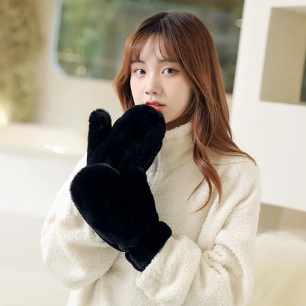 Cute Plush Thicken Gloves Women Flutty Velvet Mittens Solid Color Soft Windproof Winter Gloves Outdoor Cold Protection Glove