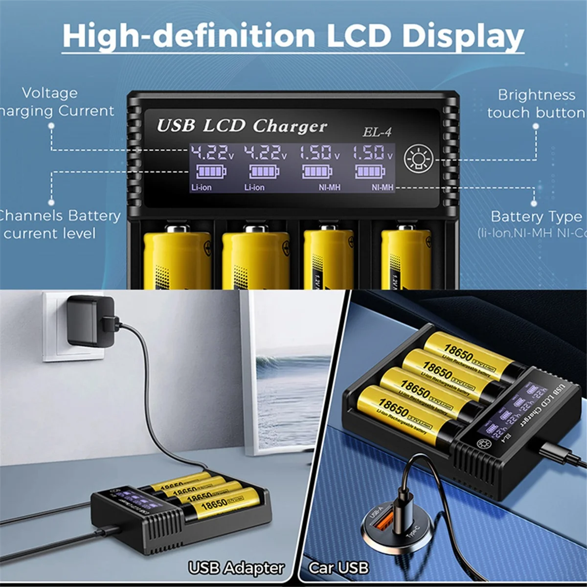 A14M Neues USB-LCD-Akku-Smart-Ladegerät 4 Steckplätze Dual für 18650 3,7 V wiederaufladbare Lithium-Batterie für 1,2 V NI-AA / AAA