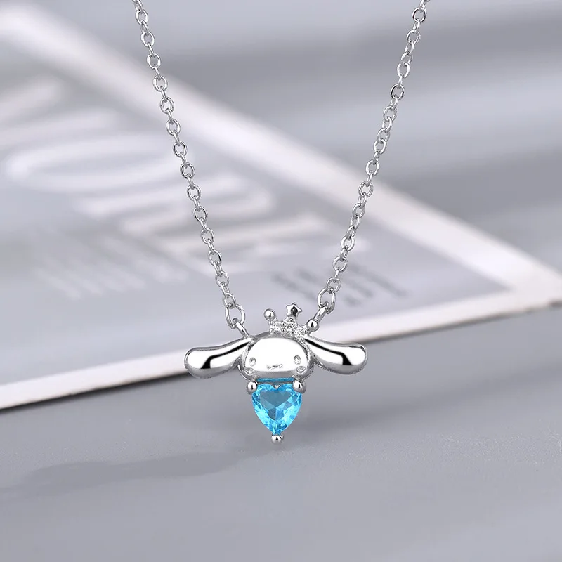 Sanrio Cinna moroll mit Seeblau Herz Diamant Anhänger Frauen Halskette Student Schmuck Geschenk Kinder Kette Halsketten Geburtstags geschenk