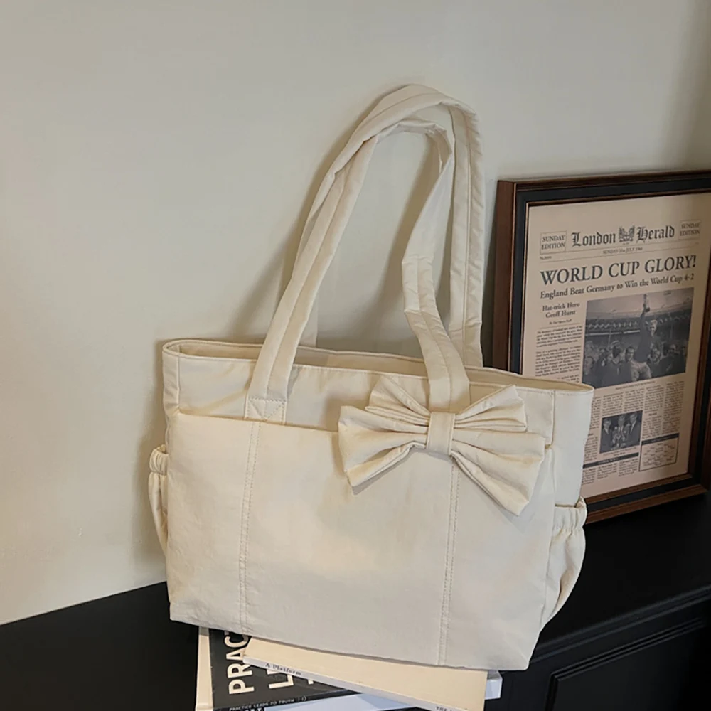

Large Capacity Bow Solid Shoulder Bag Women's Korean Style Simple Casual Soft Tote Handbags Daily Commute Shopping Armpit Bags