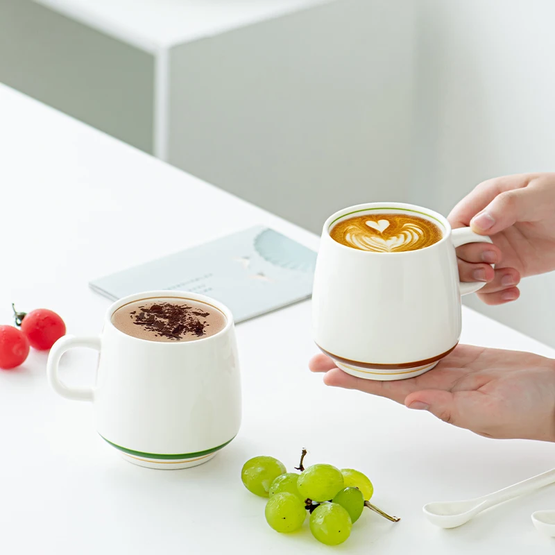 White Porcelain Coffee Cup, Minimalist Striped Design, Thick-Bottomed Ceramic Tea Cup, Latte Cup, Home and Office Water Cup